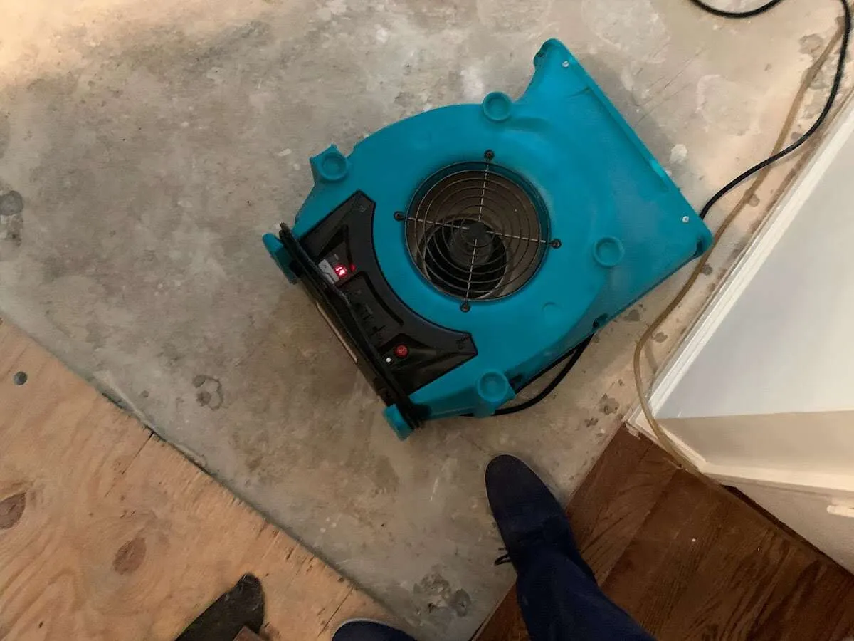 Air mover drying subfloor during Commercial Water Damage Restoration in Bernardsville